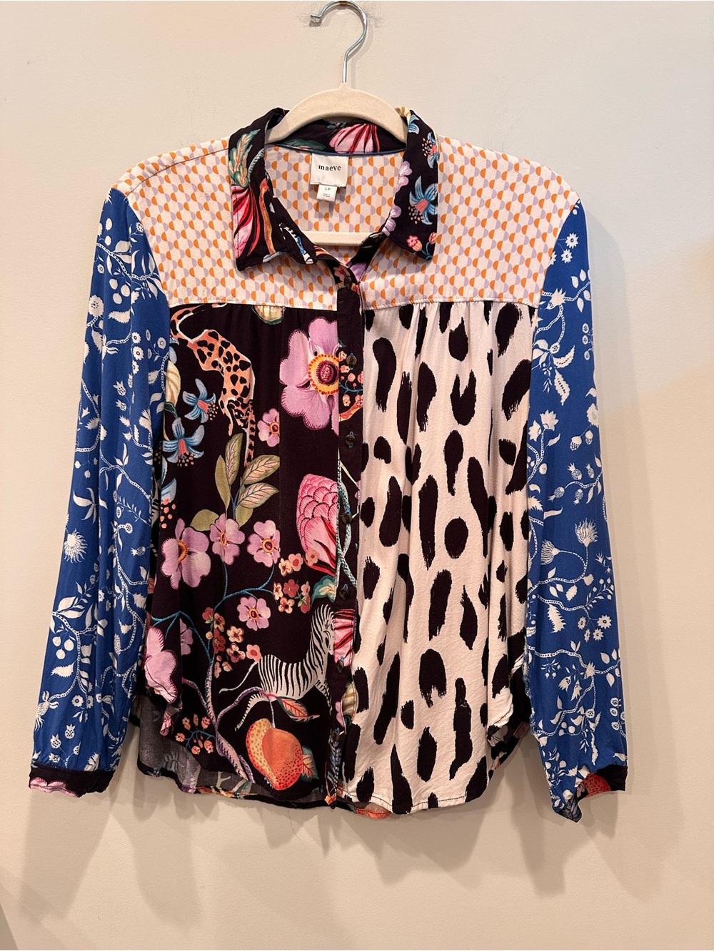 Maeve Alida Contrast Mixed-Print Button Down Shirt Colorful Sz L Petite - Picture 11 of 11